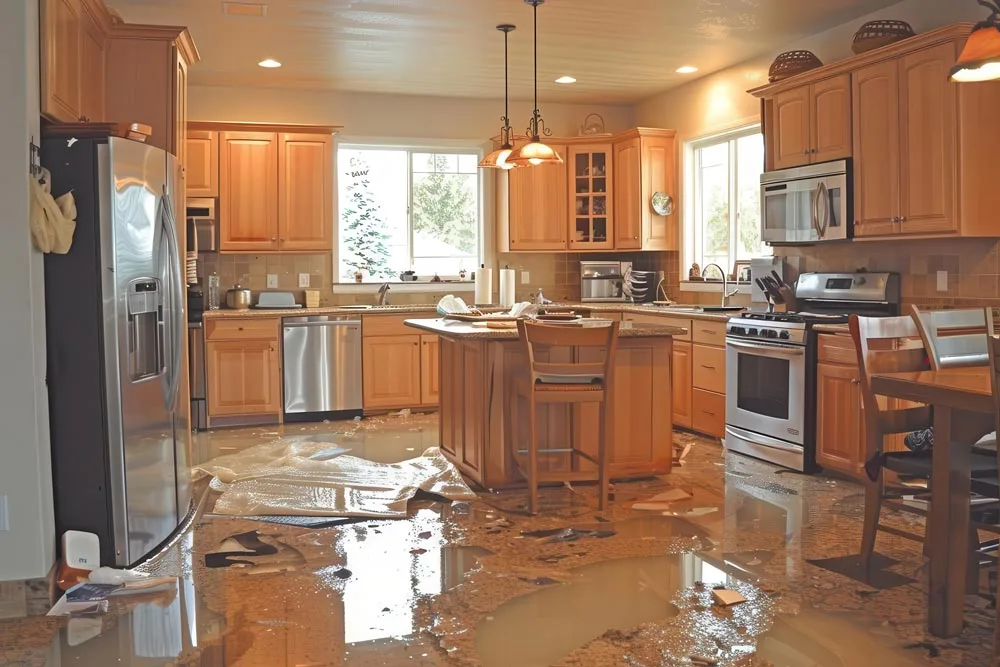 flooded kitchen with standing water on floor