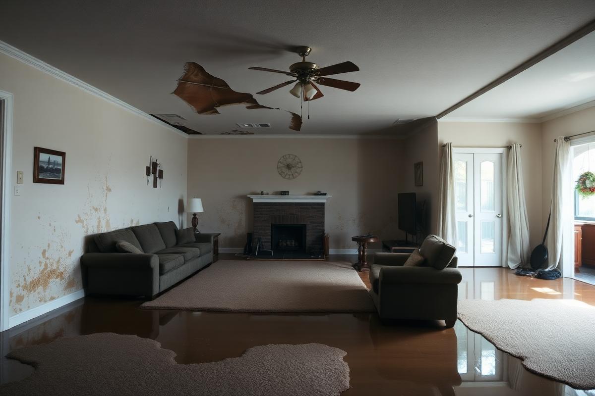 Living room with severe water damage before restoration